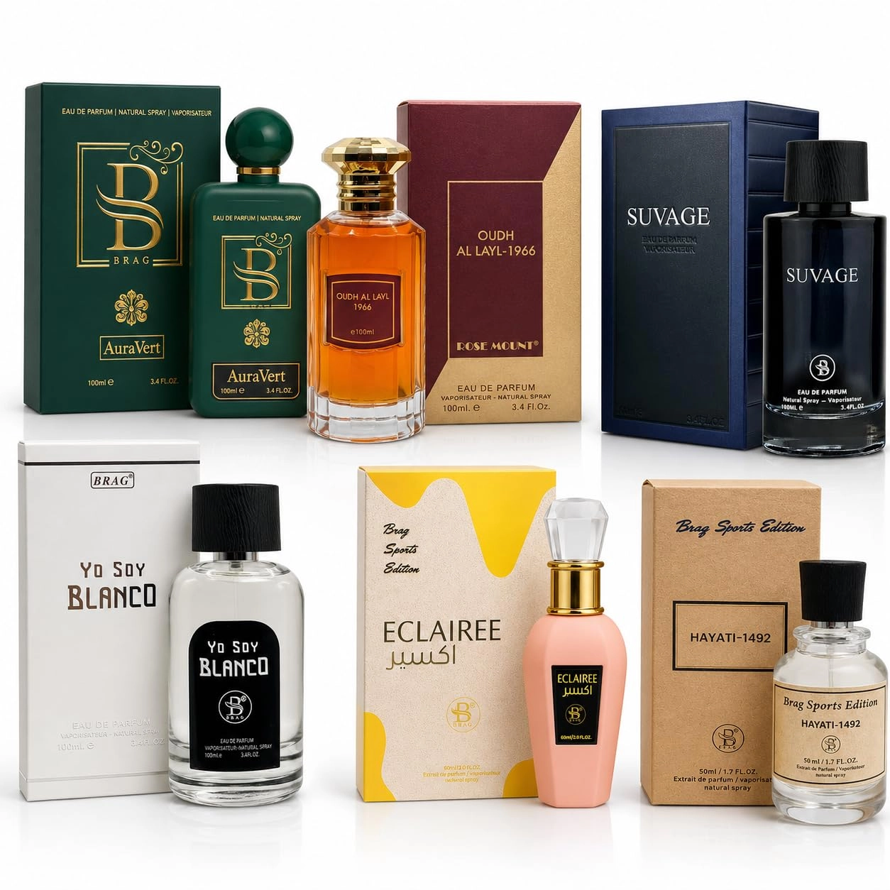 B BRAG AURA VERT - 100ml + Oudh Al Layl-1966 - 100ml + Yo Soy Blanco - 100ml + Suvage - 100ml + Eclairee - 60ml + Hayati 1492 - 50ml Eau de Parfum