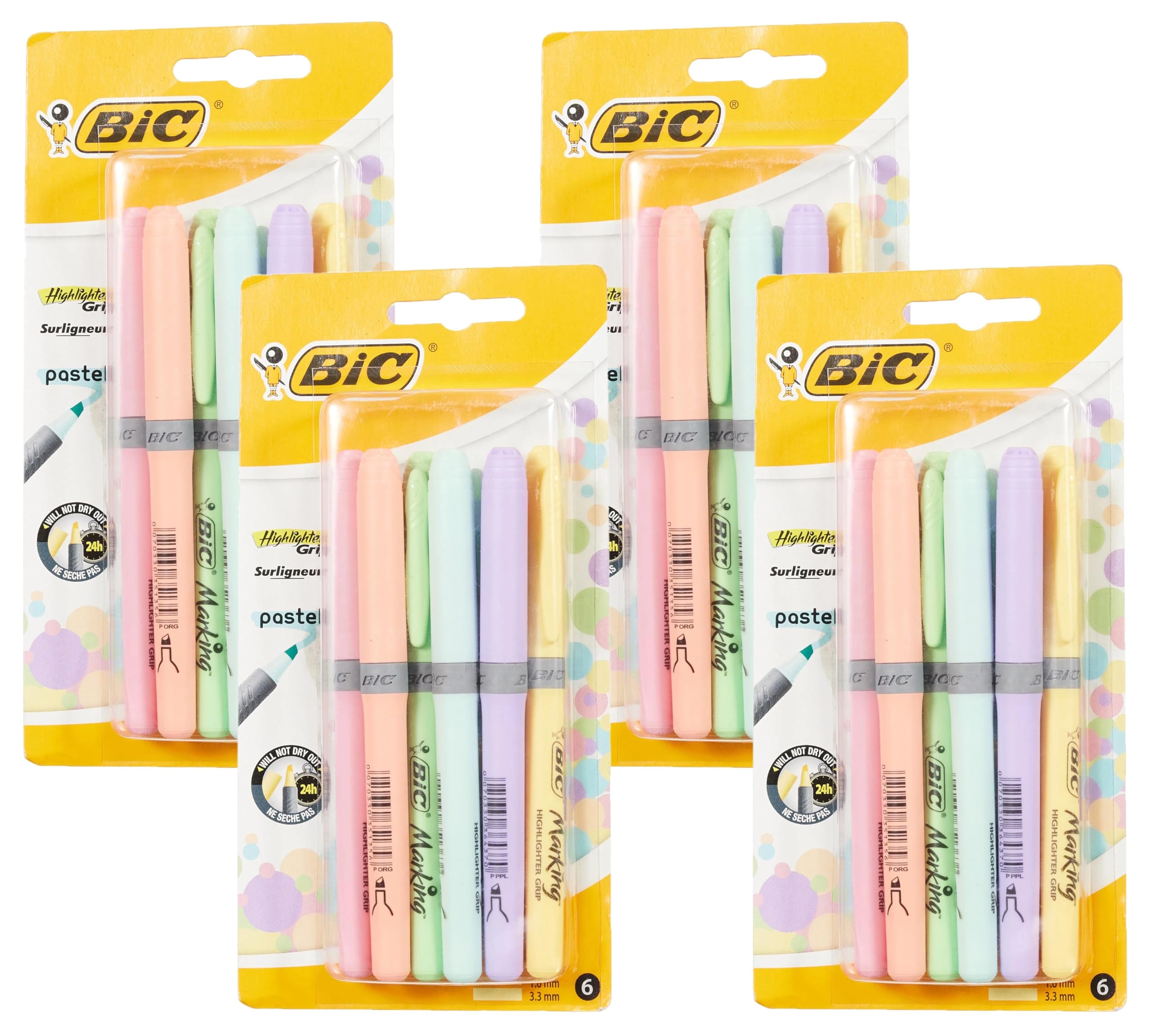 Grip Highlighter Pens - Pastel Orange, Purple, Yellow, Blue, Green, Pink Chisel