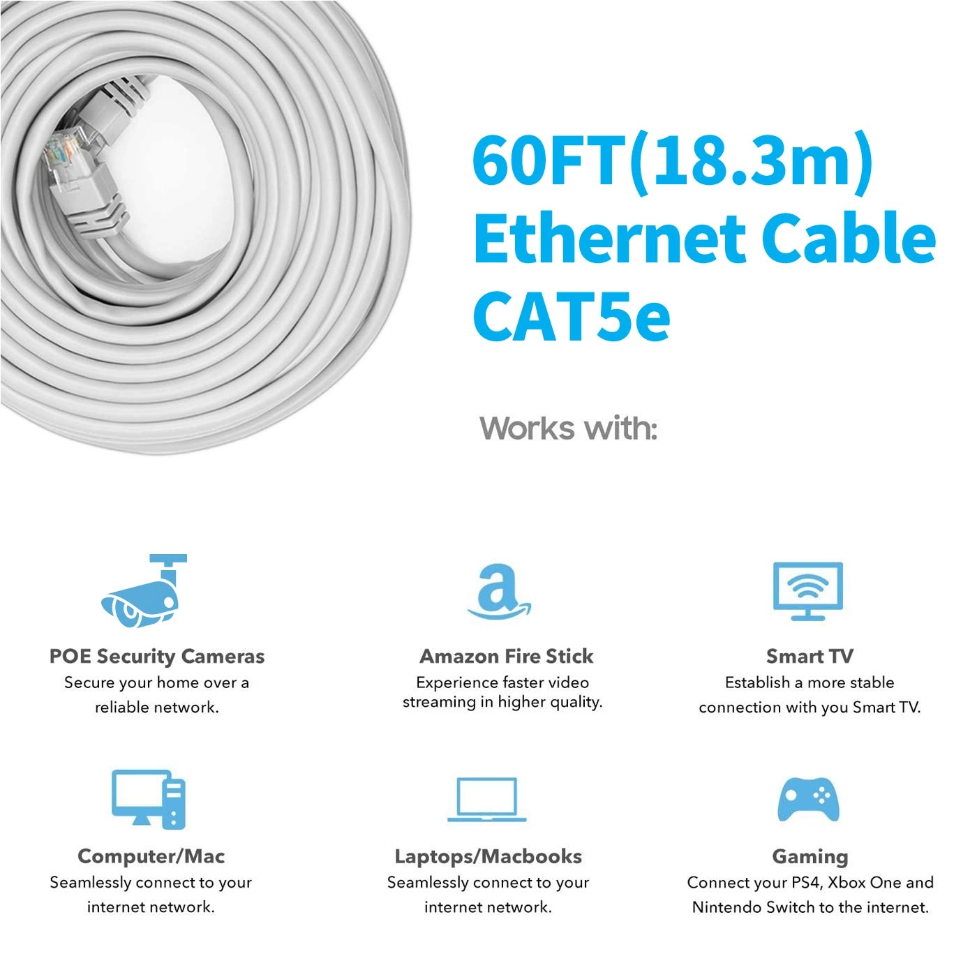CAT5 Cat5e Ethernet Patch Cable - 60 Feet