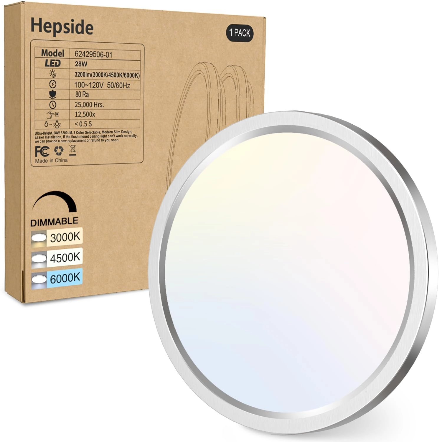 Flush Mount LED Ceiling Light - 3000K 4500K 6000K Dimmable