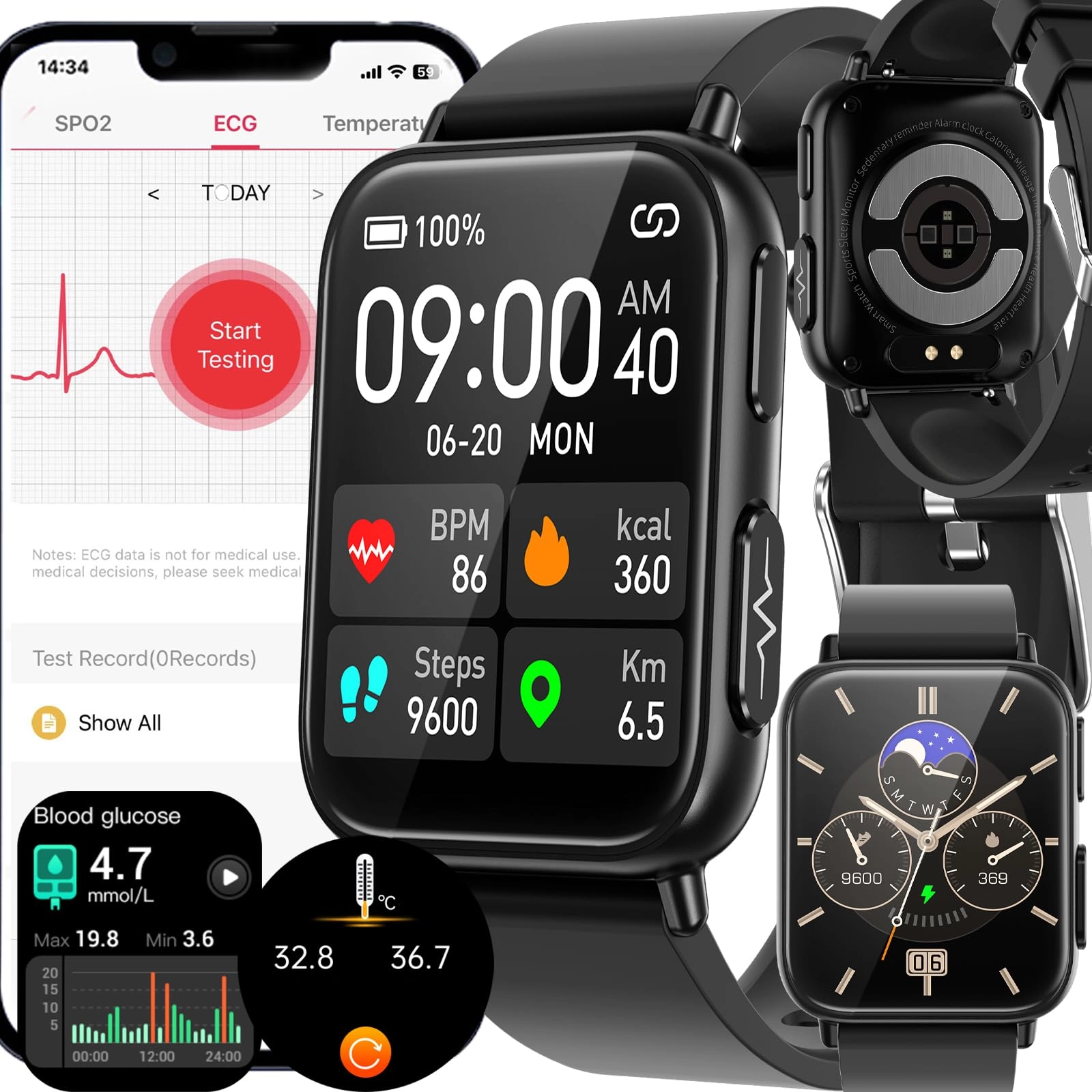 Blood Glucose Smart Watch - ECG HRV 20 Sports Modes