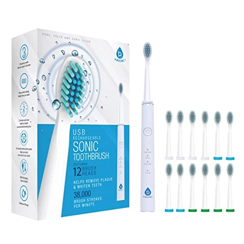 USB Rechargeable Sonic Toothbrush - 12 Brush Heads 38,000 STROKES PER MINUTE 3 BRUSHING MODES