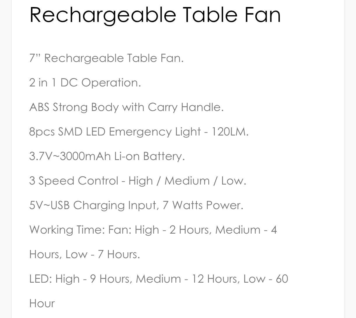 Portable Table Fan - 3 Speed USB Rechargeable 5 Hours Working Time