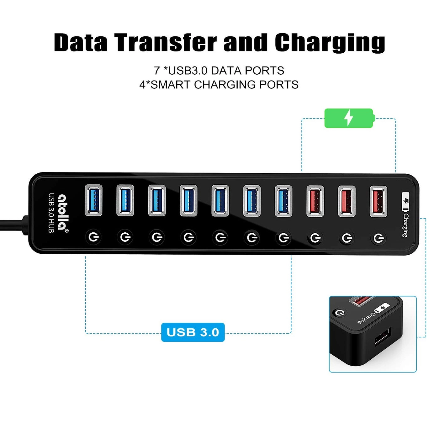 USB 3.0 Hub - 11 Ports 4 Smart Charging Ports