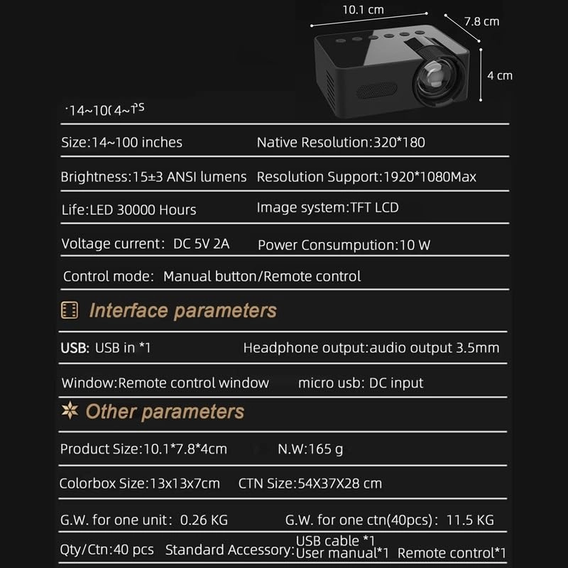 Mini Projector 10 ANSI 320 * 180