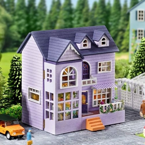 Miniature Wooden Dollhouse Furniture Kit - 3D LED Purple