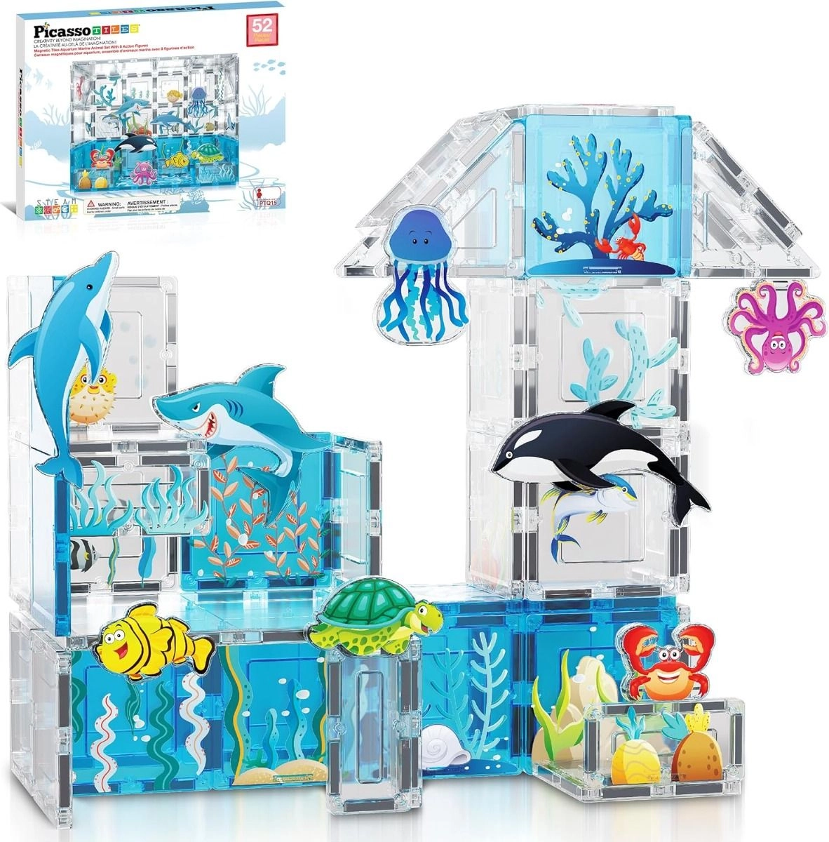 Picasso Magnetic Tiles Aquarium Marine Animal Set - Orca Shark Dolphin Jellyfish Sea Turtle Crab Octopus Fish Aquarium Marine 52 pcs