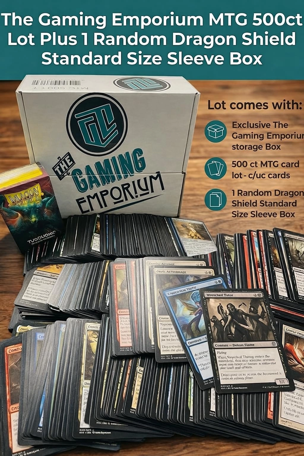 The Gaming Emporium Storage Box + Magic: The Gathering Assorted Cards - 500pcs + Dragon Shield Standard Size Sleeves - 100pcs