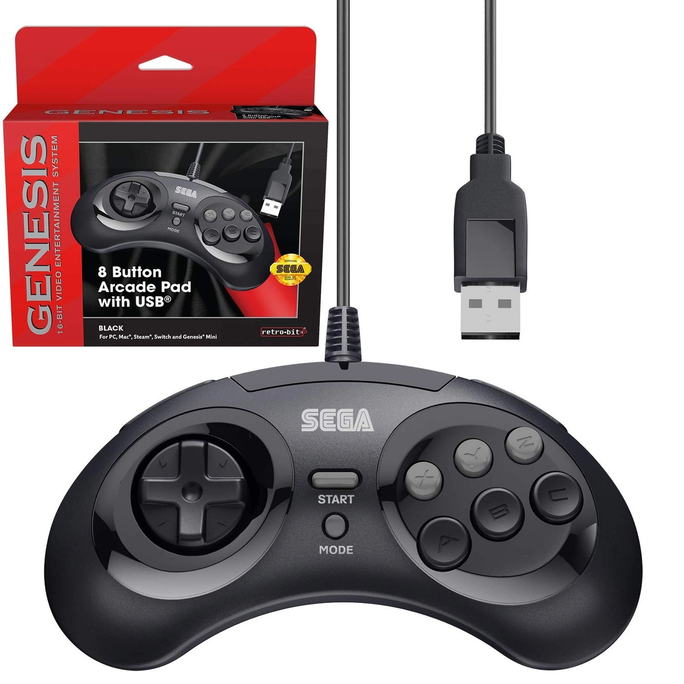 Sega Genesis USB Controller - Clear Blue Sega Genesis Mini PS3 PC Mac Steam Switch