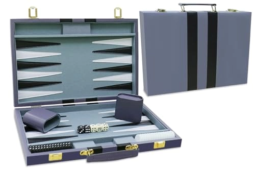 Backgammon Set - Premium Leather Case Blue Grey
