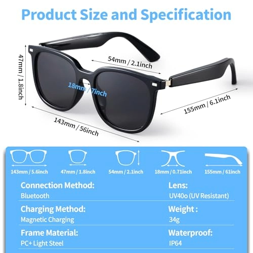 Smart Audio Bluetooth Speaker Blue Light Sunglasses - Bluetooth 5.2 UV400 Polarised Photochromic Lenses