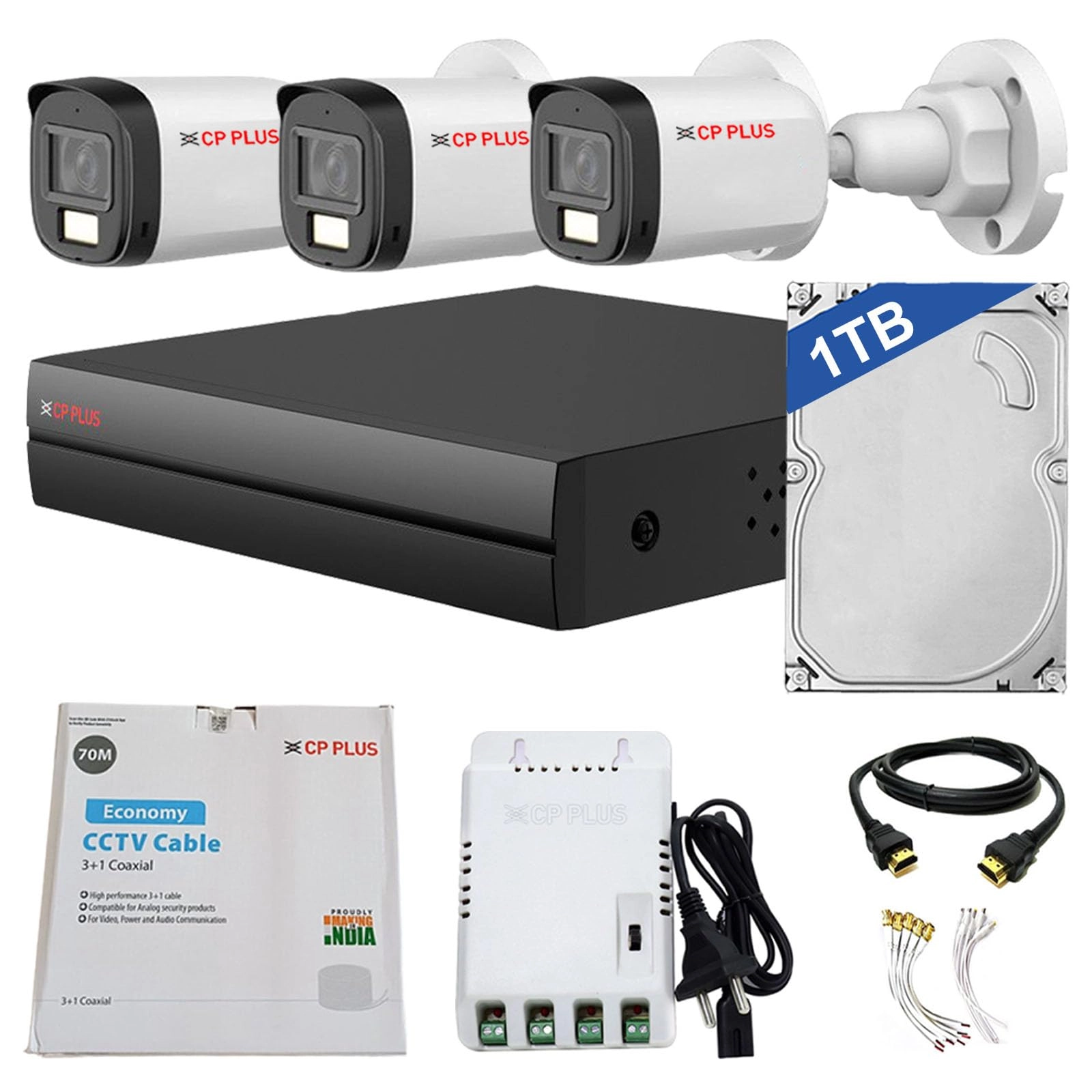 Aditya Infotech Limited 4 Channel Turbo HD DVR + 2 MP Outdoor CCTV Camera + 4 Channel Power Supply + Cable + Hard Drive - 1 TB + BNC & DC Connectors + HDMI Cable