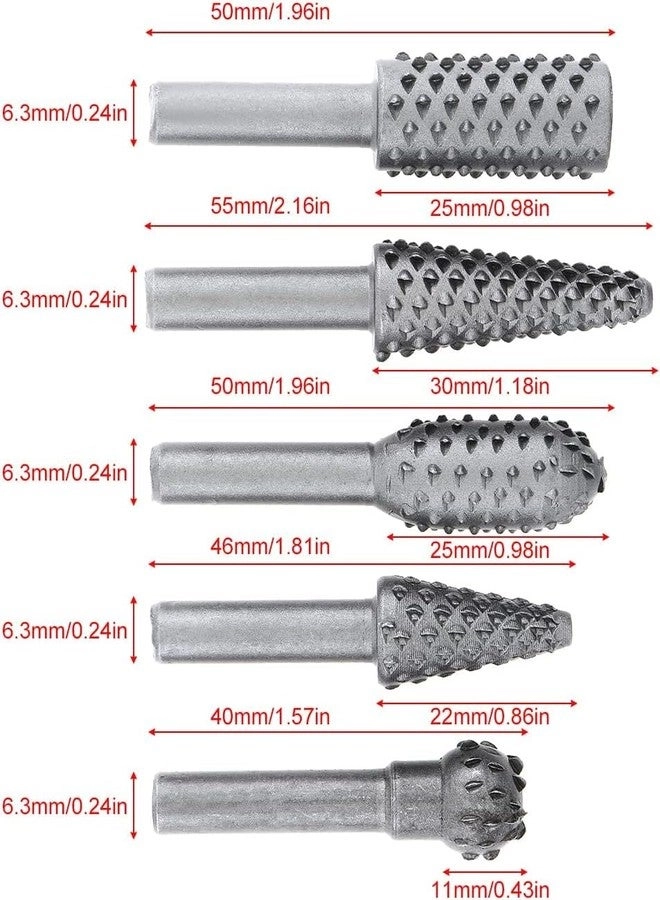 Rotary Burr Rasp - Carbon 5Pcs 1/4 Inch Shank