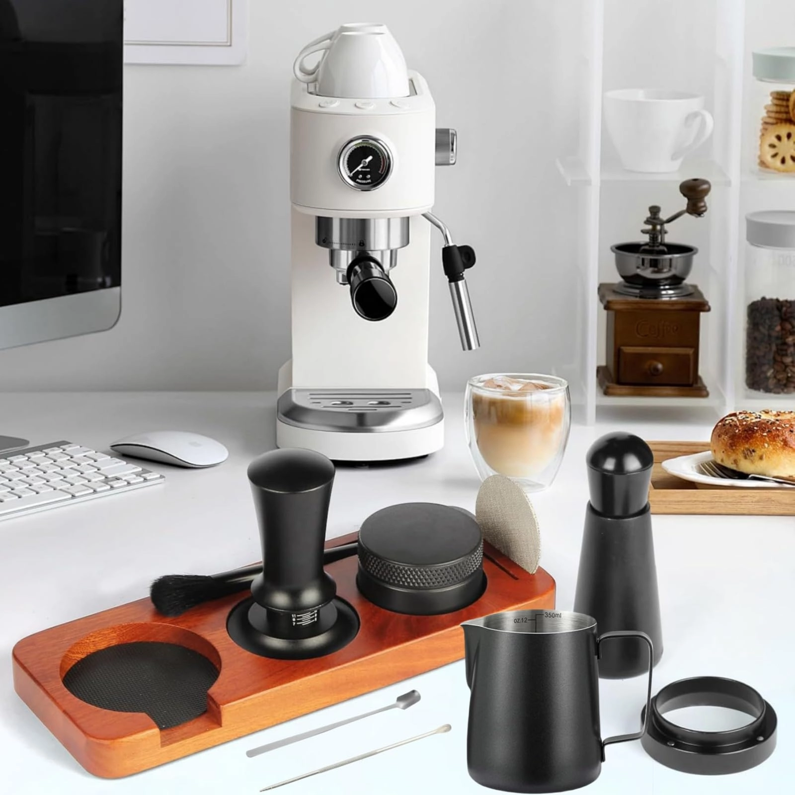 58mm Coffee Tamper + WDT Tool + Tamper Mat + Frothing Pitcher - 350ml + Decorating Stencils + Latte Art Pen + Coffee Stirring Spoon + Dosing Funnel + Coffee Sifter