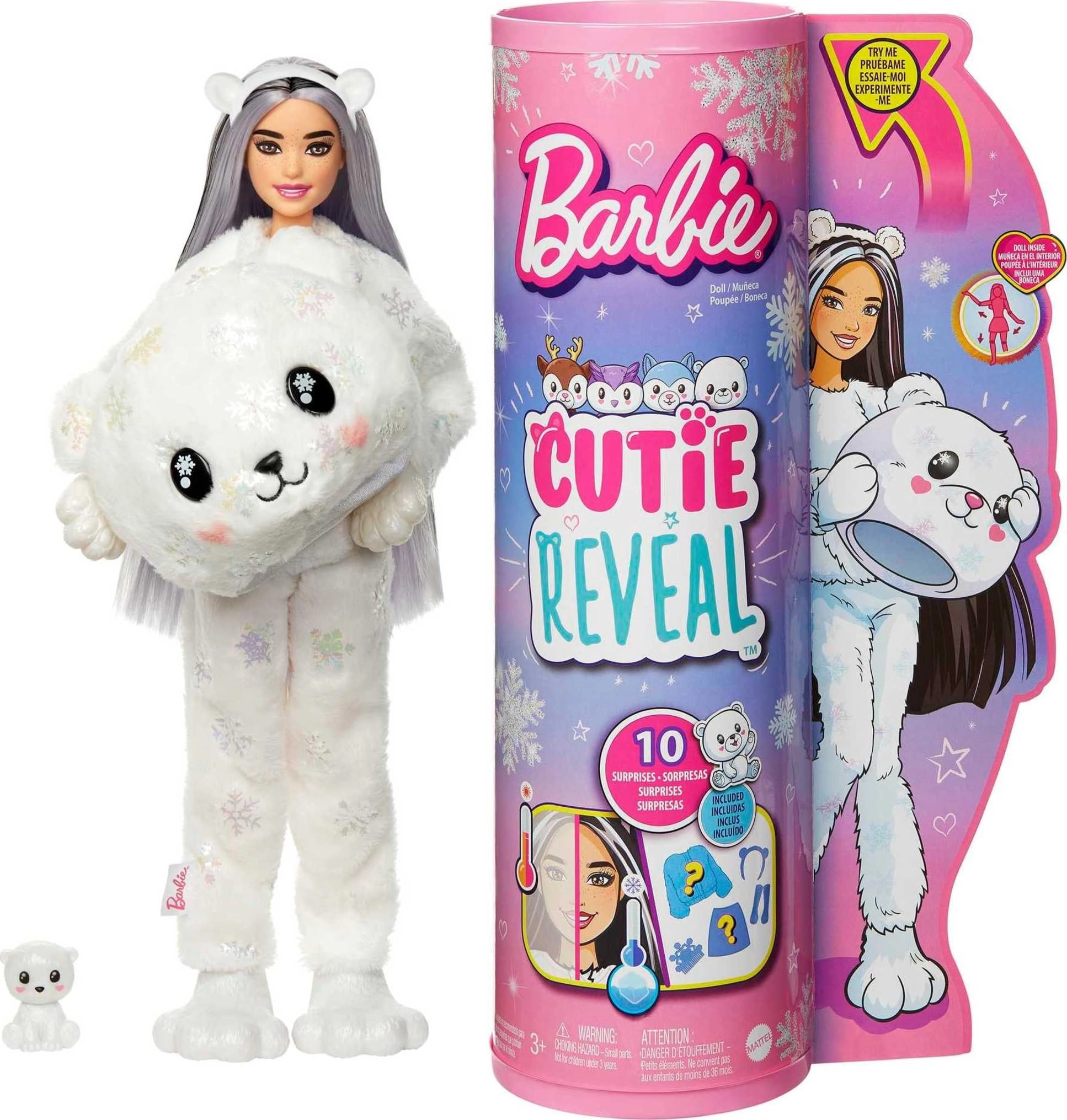 Barbie Cutie Reveal - Snowflake Sparkle Polar Bear Plush Costume 10 Surprises Color Change