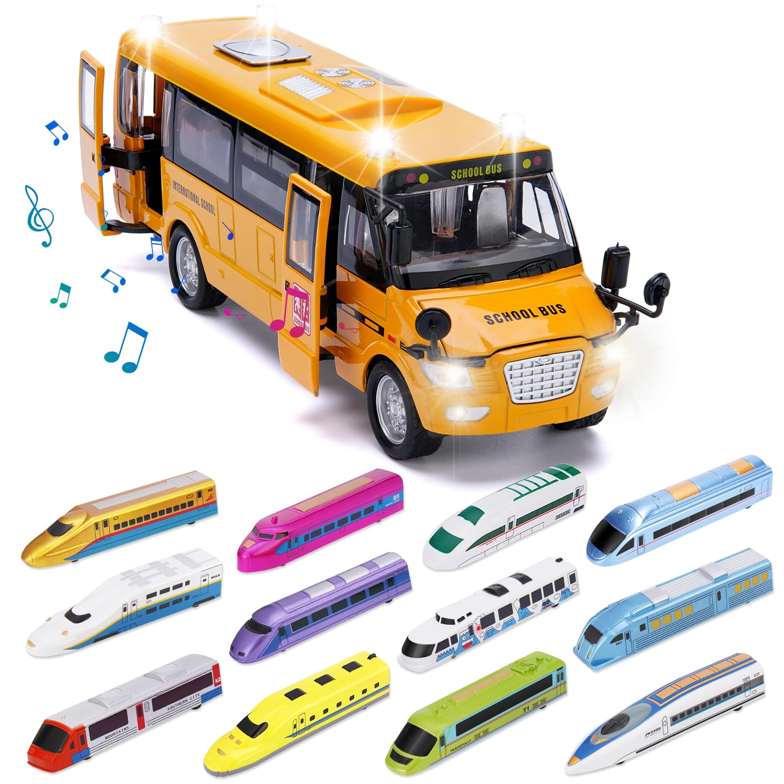 Crelloci School Bus - Light and Sound Pull Back + Bullet Train Set - 12pcs Pull Back