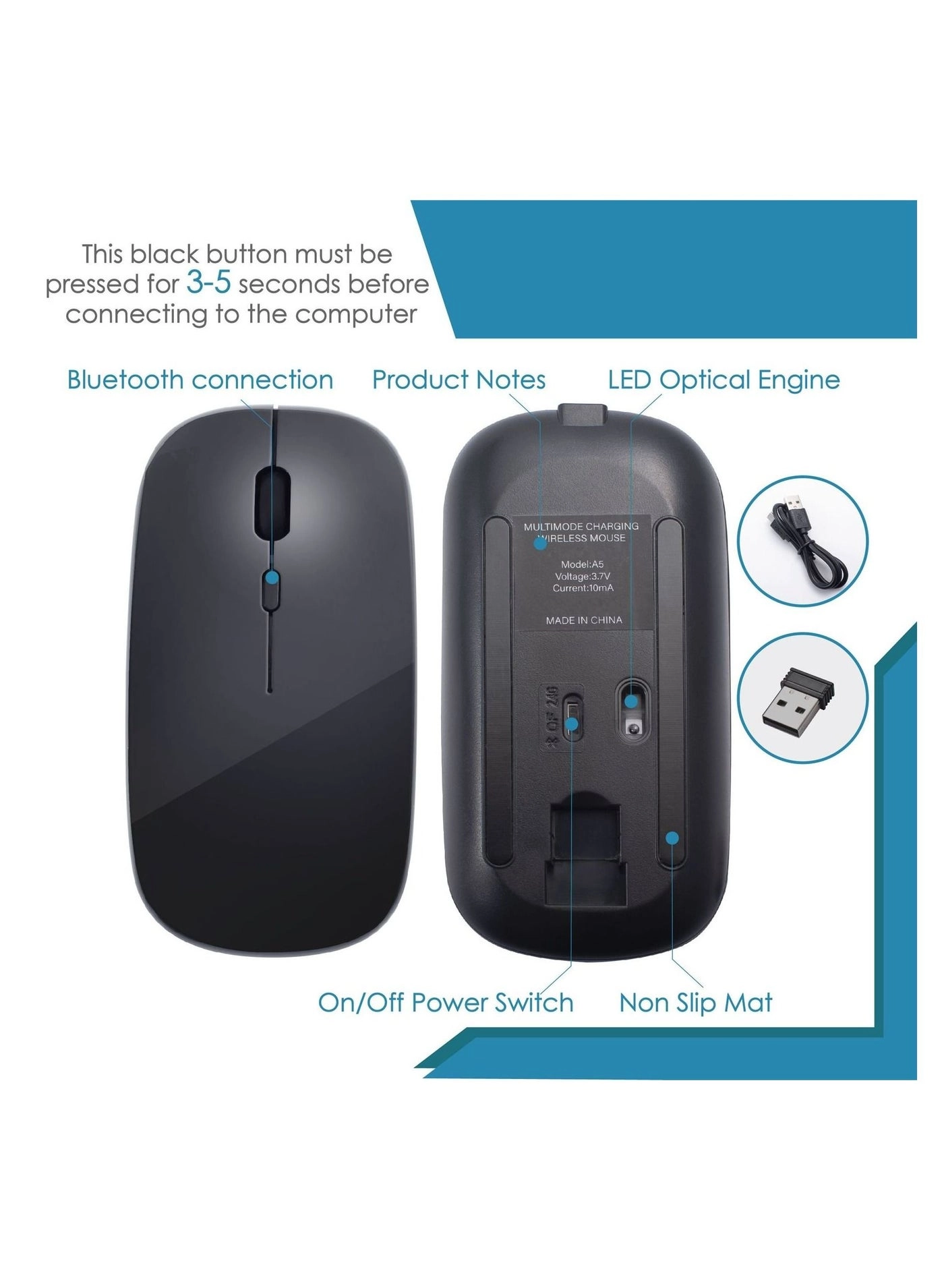 Slim Wireless Mouse - 2.4G Bluetooth 5.1