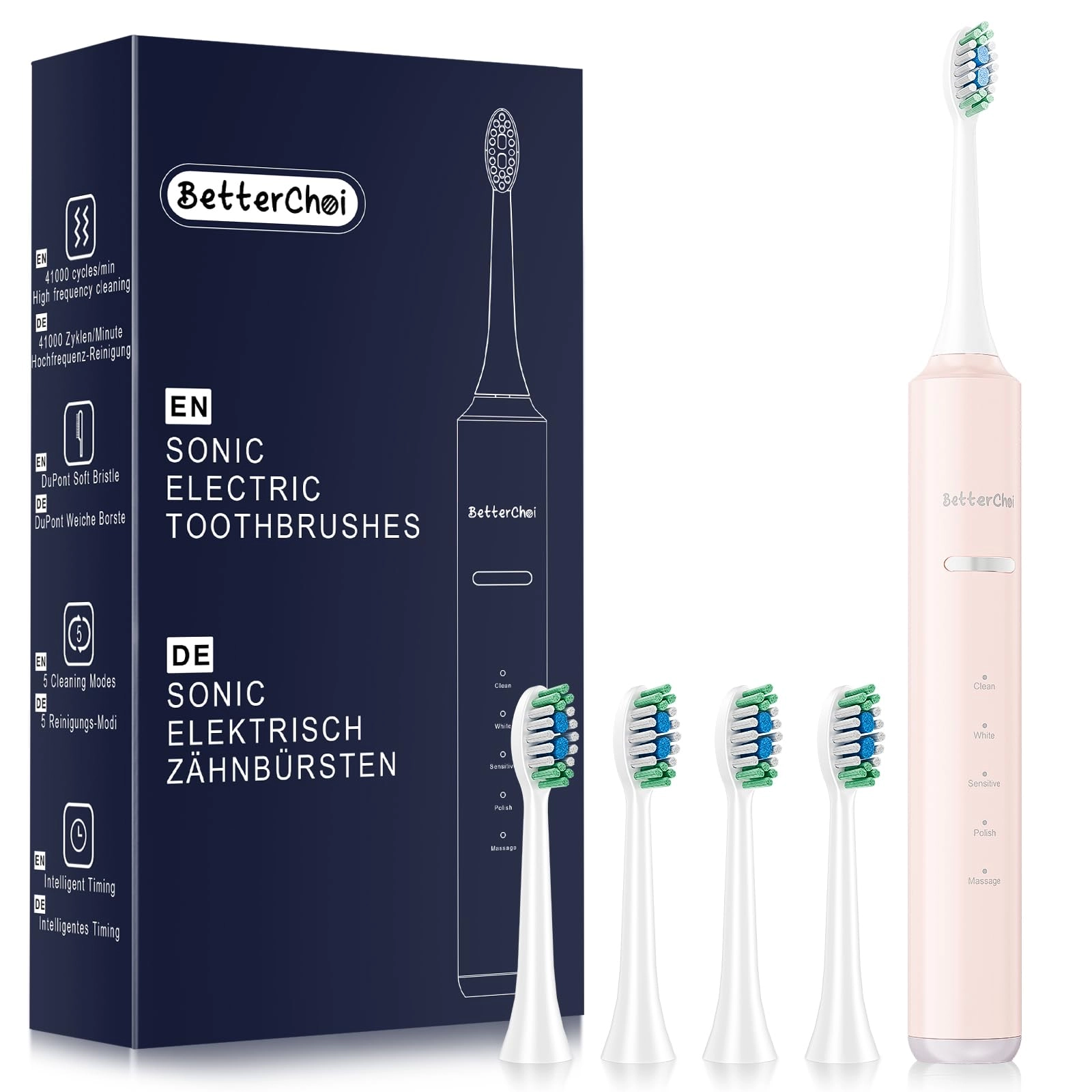 Sonic Electric Toothbrush - 41,000 VPM 1500 mAh 4 Brush Heads