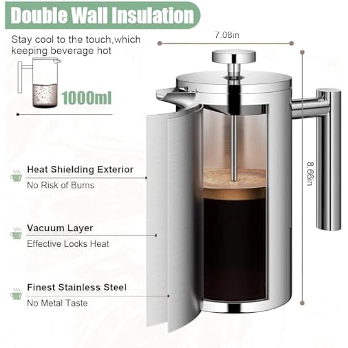 French Press - 1000Ml Double Layer Filter 2 Spoon