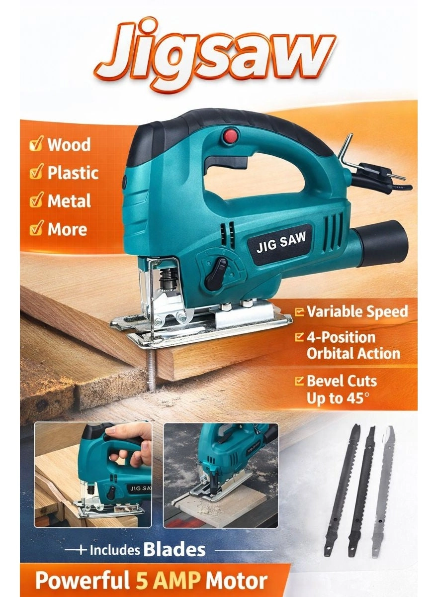 Perfect Action Electric Jigsaw - 5 AMP Variable Speed Orbital Action