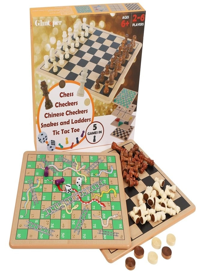 5-in-1 Wooden Board Game - 2 Reversible Boards Portable