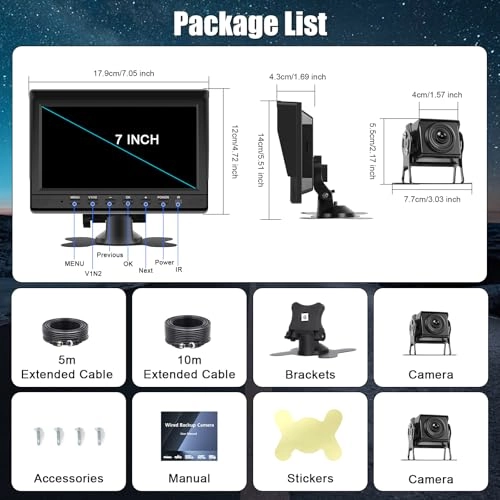 Backup Camera - 720P Night Vision + AHD Monitor - 7 inch Bluetooth