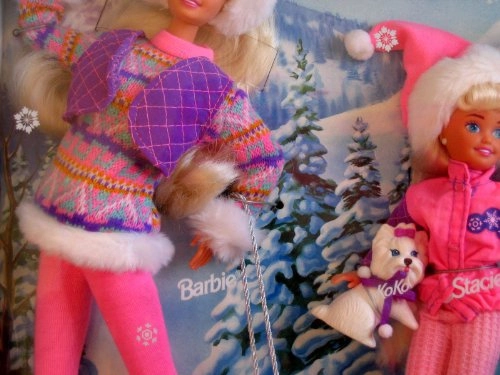 Barbie Doll - 11.5" + Stacie Doll - 7.5" + KOKO Dog - 2" + Kelly Doll - 4.5" + Skipper Doll - 10.5" + Sled - 9.5" + Hair Brush