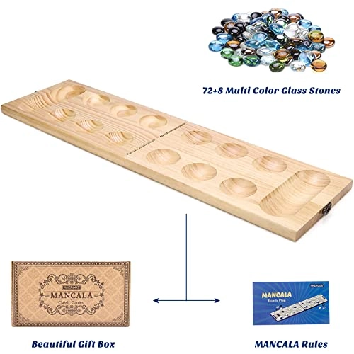 Mancala - Wooden Folding 728 Bonus Multi Color Glass Stones