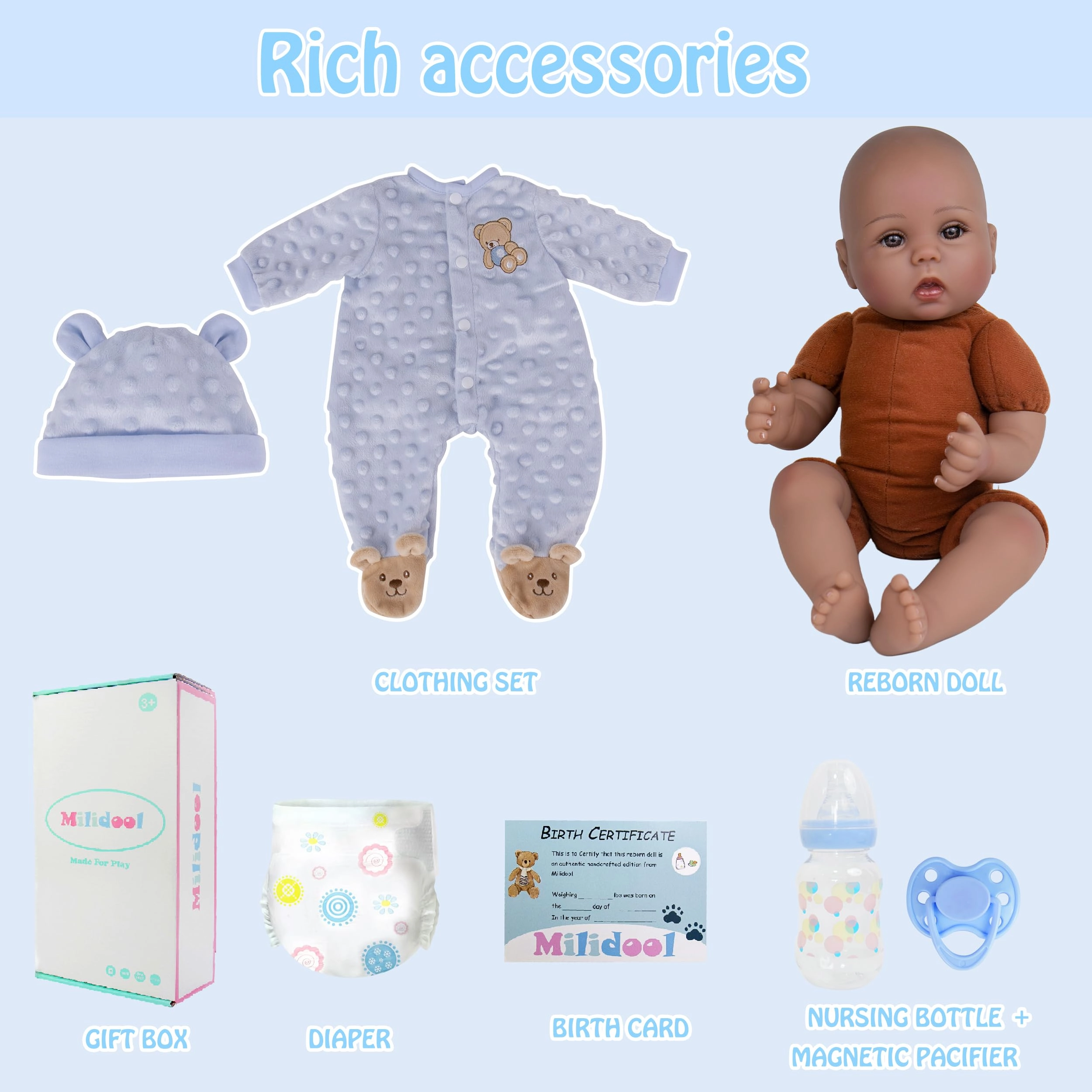 Reborn Baby Doll - 18 Inch Silicone African American Ages 3+ Gift Set