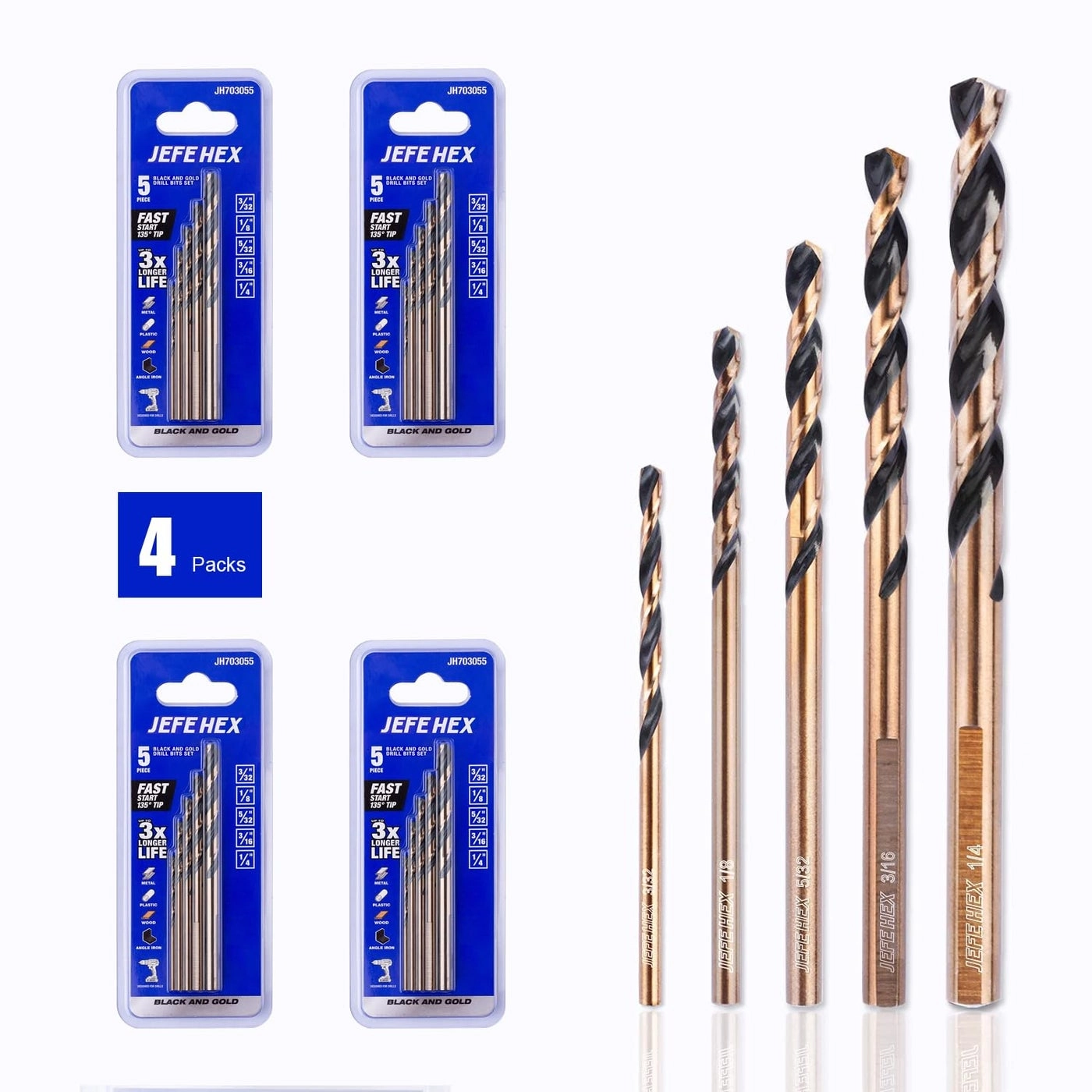 JEFE HEX Twist Drill Bits Set - Black & Gold Coated 5Set*4Packs