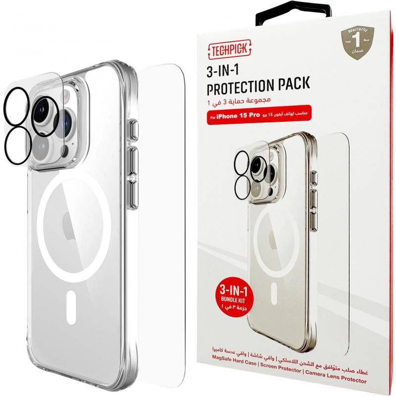 Techpick MagSafe Hard Case - Clear + Tempered Glass + Camera Lens Protector for iPhone 15 Pro