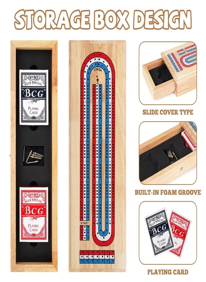 Cribbage Board - Wooden 3-Track with Storage Drawer & Metal Pegs