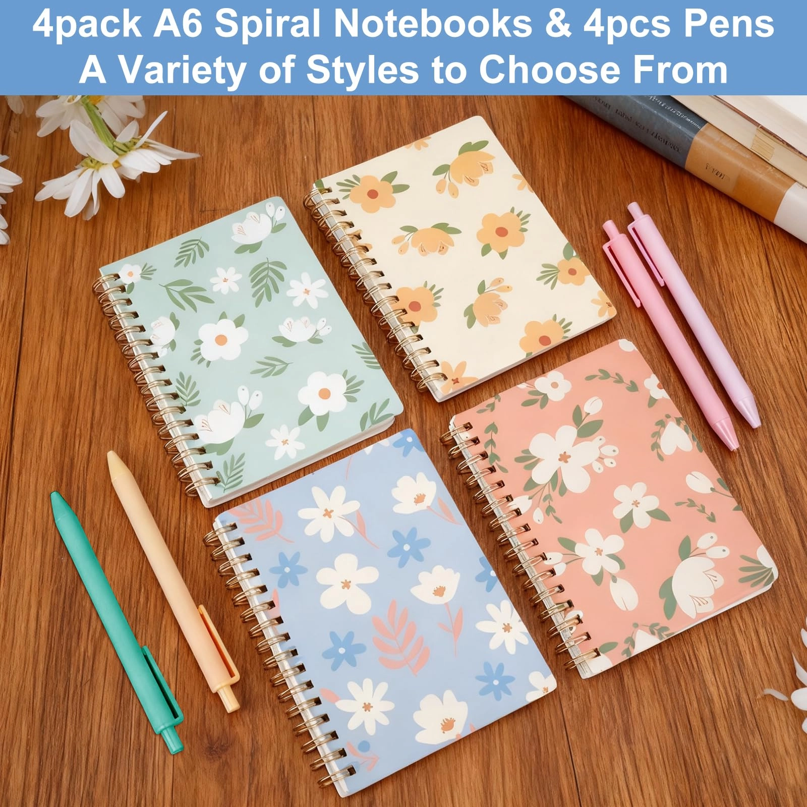 A6 Spiral Notebook + Pen - 80 Sheets 4 Pieces Lined