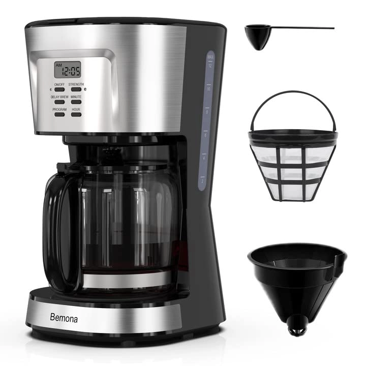 Bemona 12-Cup Programmable Coffee Maker - Glass Carafe Permanent Filter