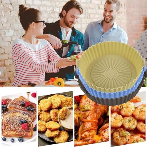 Air Fryer Silicone Pot + Silicone Brush + Reusable Non-Stick Round Air Fryer Basket + Fryer Liner Insulating Pad