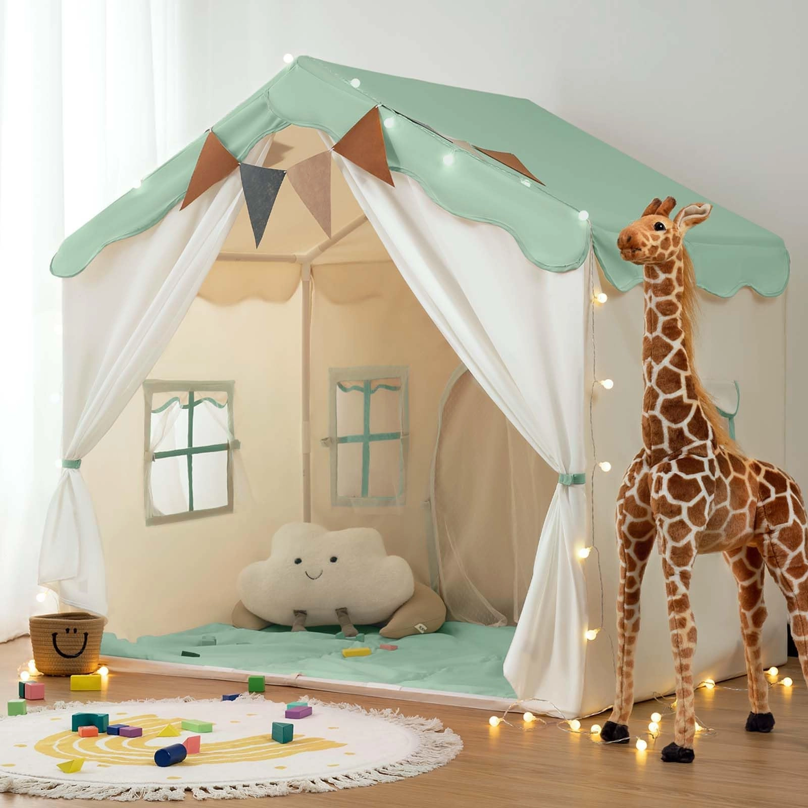 2-in-1 Kids Play House Tent - 130 cm x 89 cm x 130 cm Brown