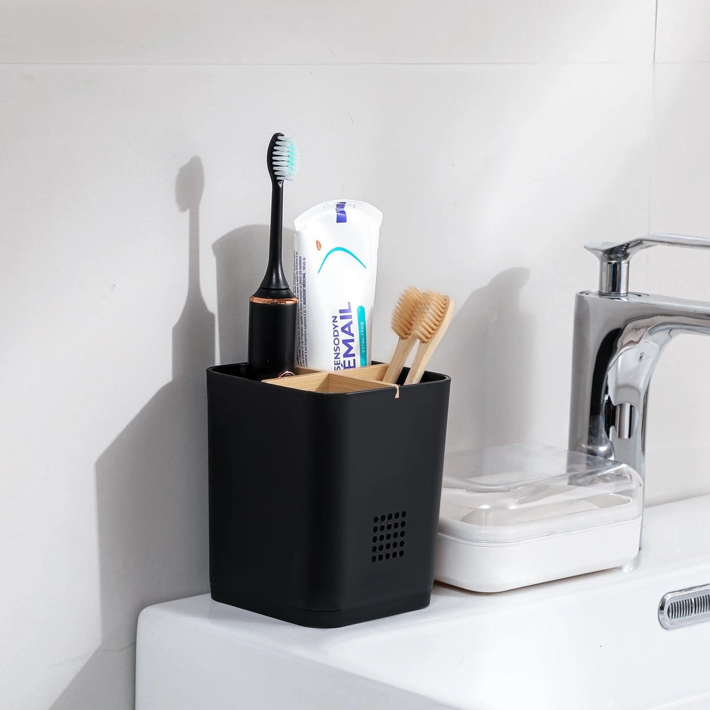 Bamboo Toothbrush Holder - 4 Slots White