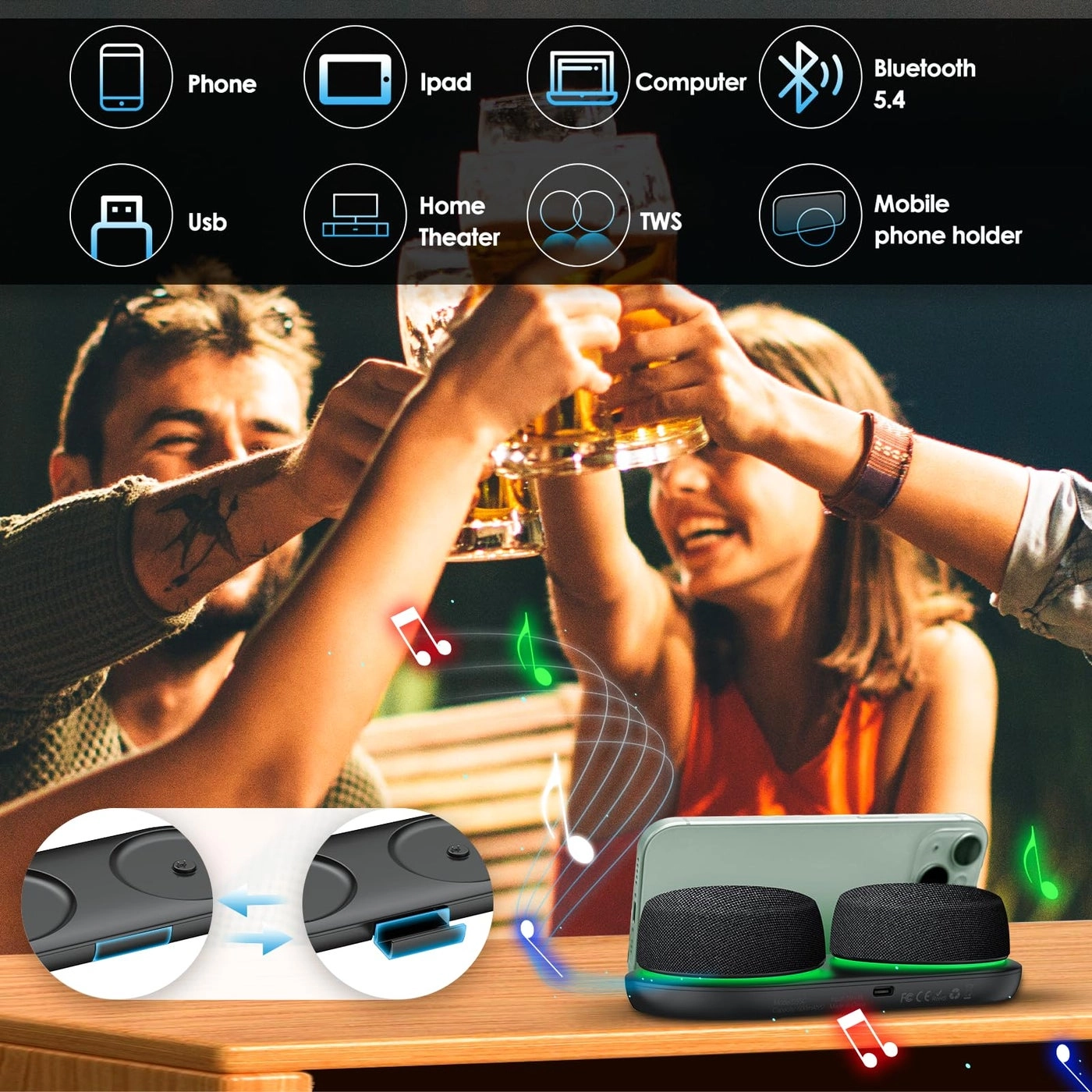 Bluetooth Speaker Set - TWS Stereo Bluetooth 5.4 10H Playtime