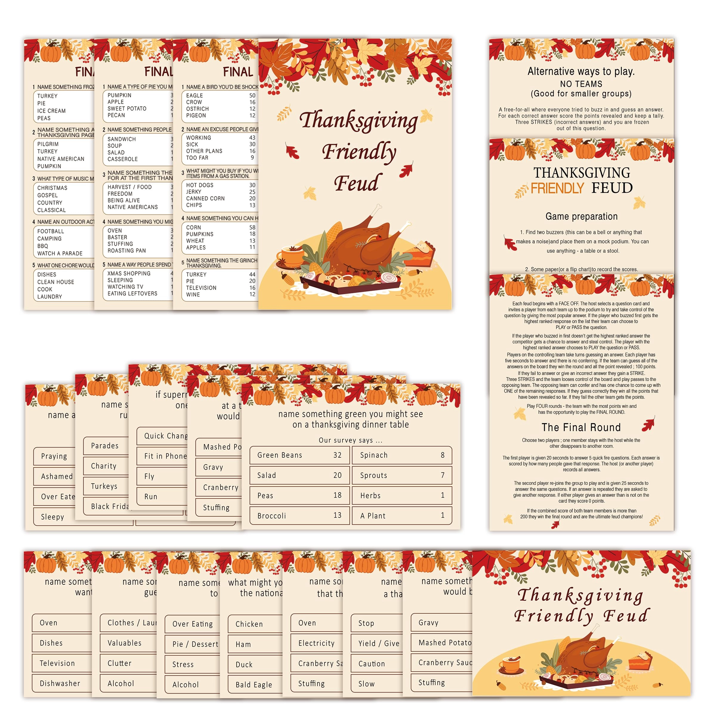 Thanksgiving Feud Quiz - 3 instruction cards 3 final cards 12 preliminary cards 15+