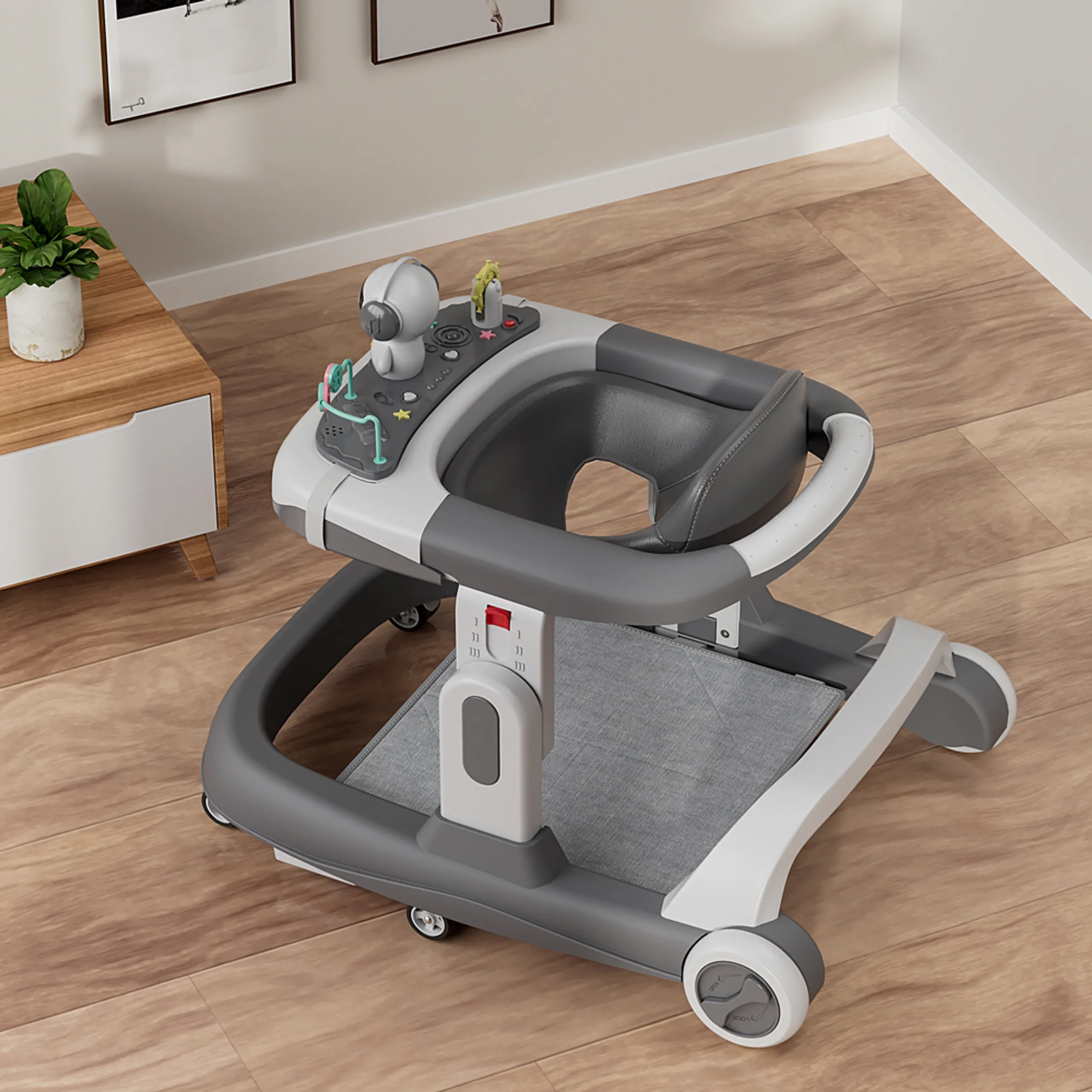 Adjustable Baby Walker - Grey Foldable 6-Wheel