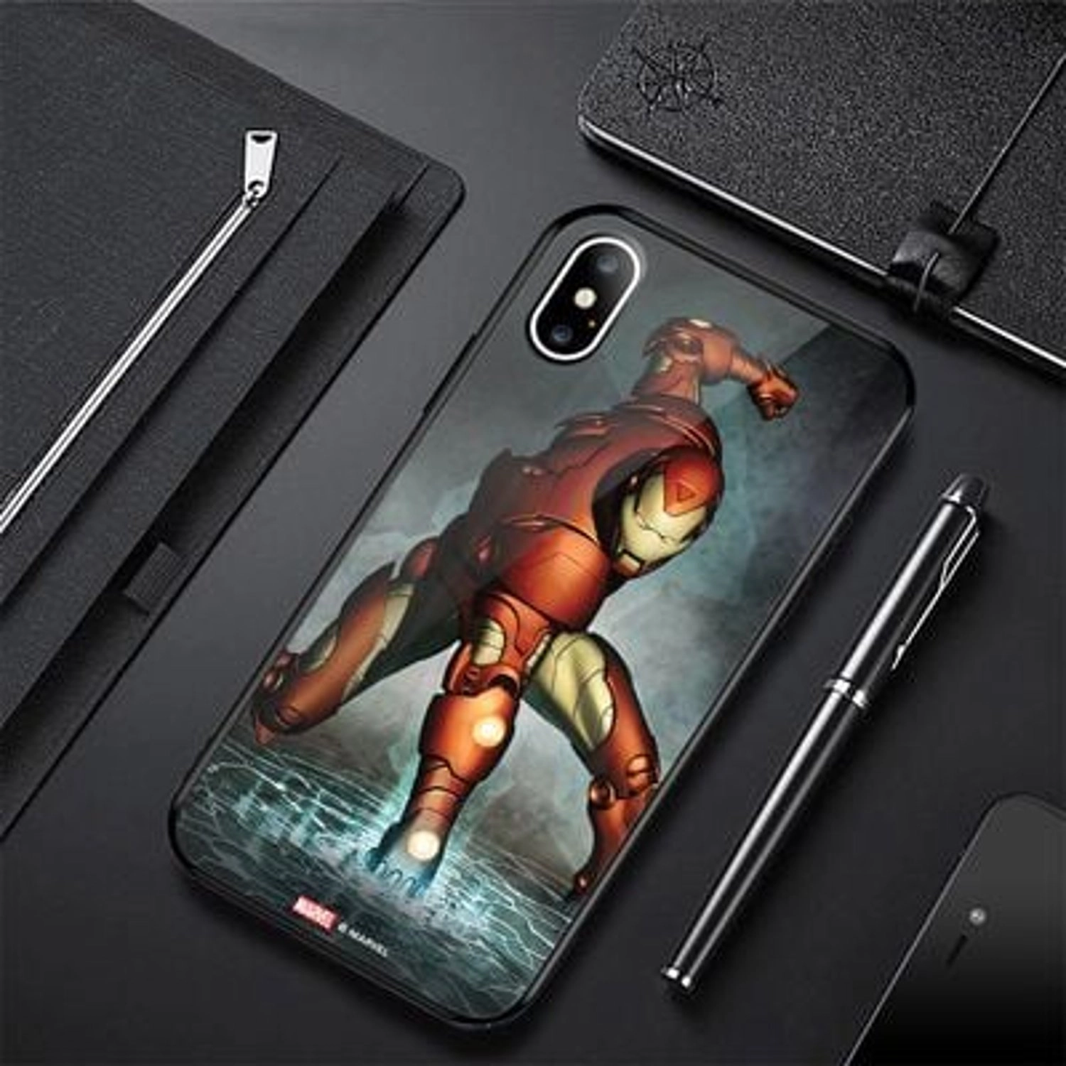 Iron Man Superhero Landing TPU Bumper Case + Tempered Glass Back Back Case for iPhone Xs