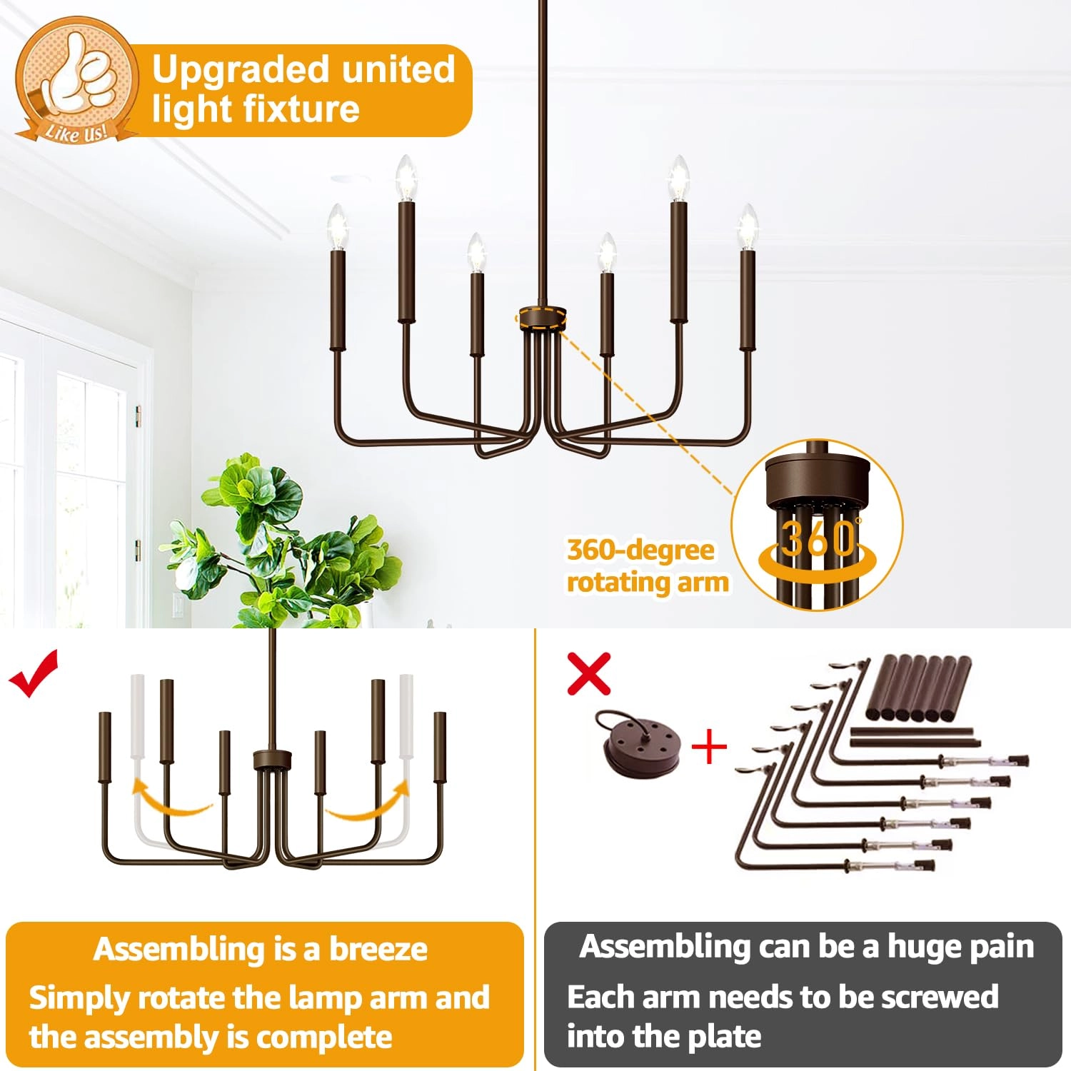 6-Light Farmhouse Chandelier - Black Indoor