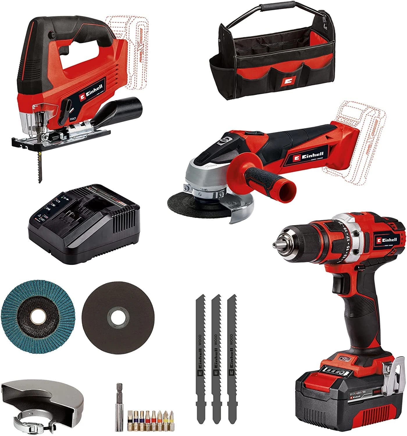 Einhell TE-CD 18/40 + TC-AG 18/115 + TC-JS 18 - 4.0Ah 18V