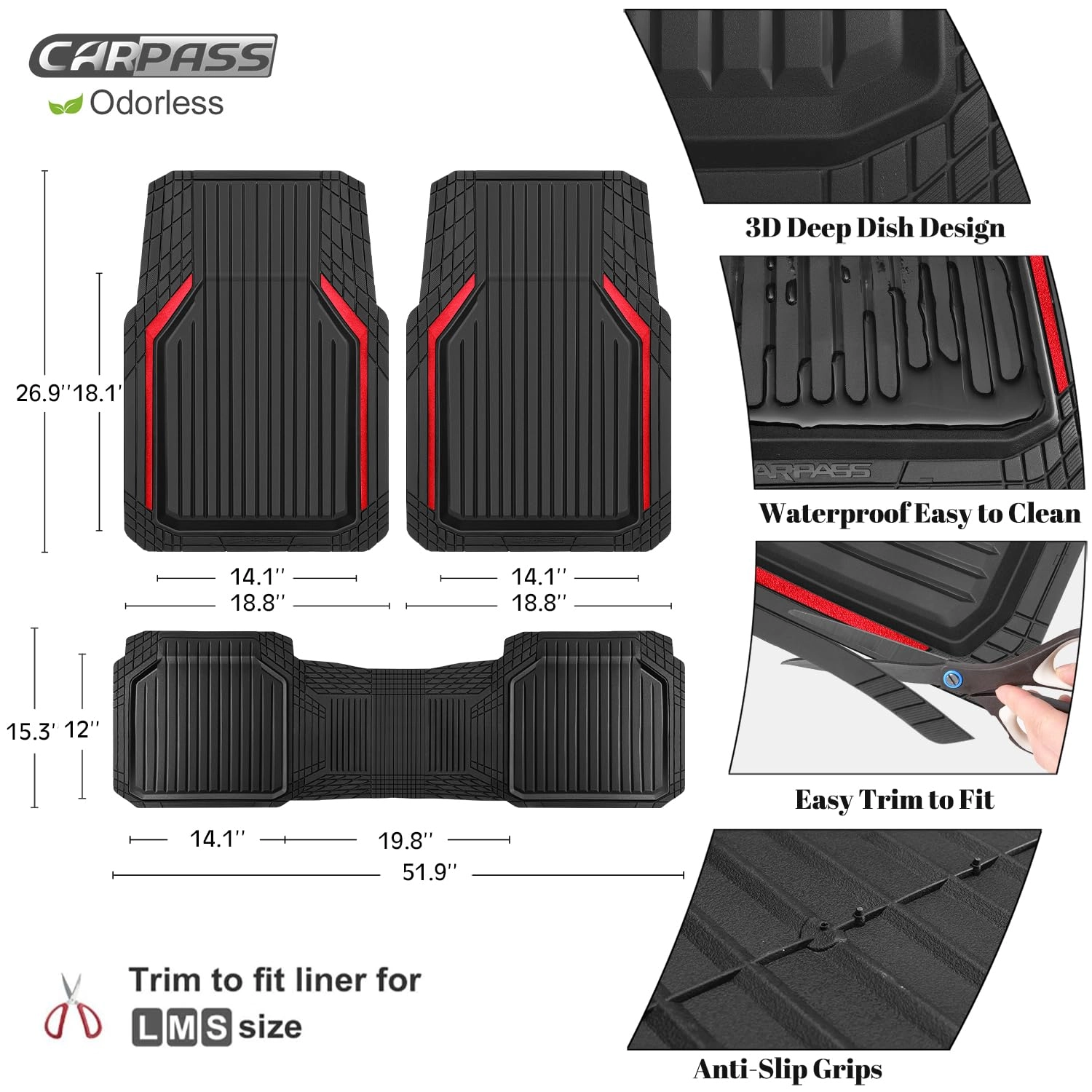 Heavy Duty Rubber Floor Mats - Universal Fit 3pcs Black Purple