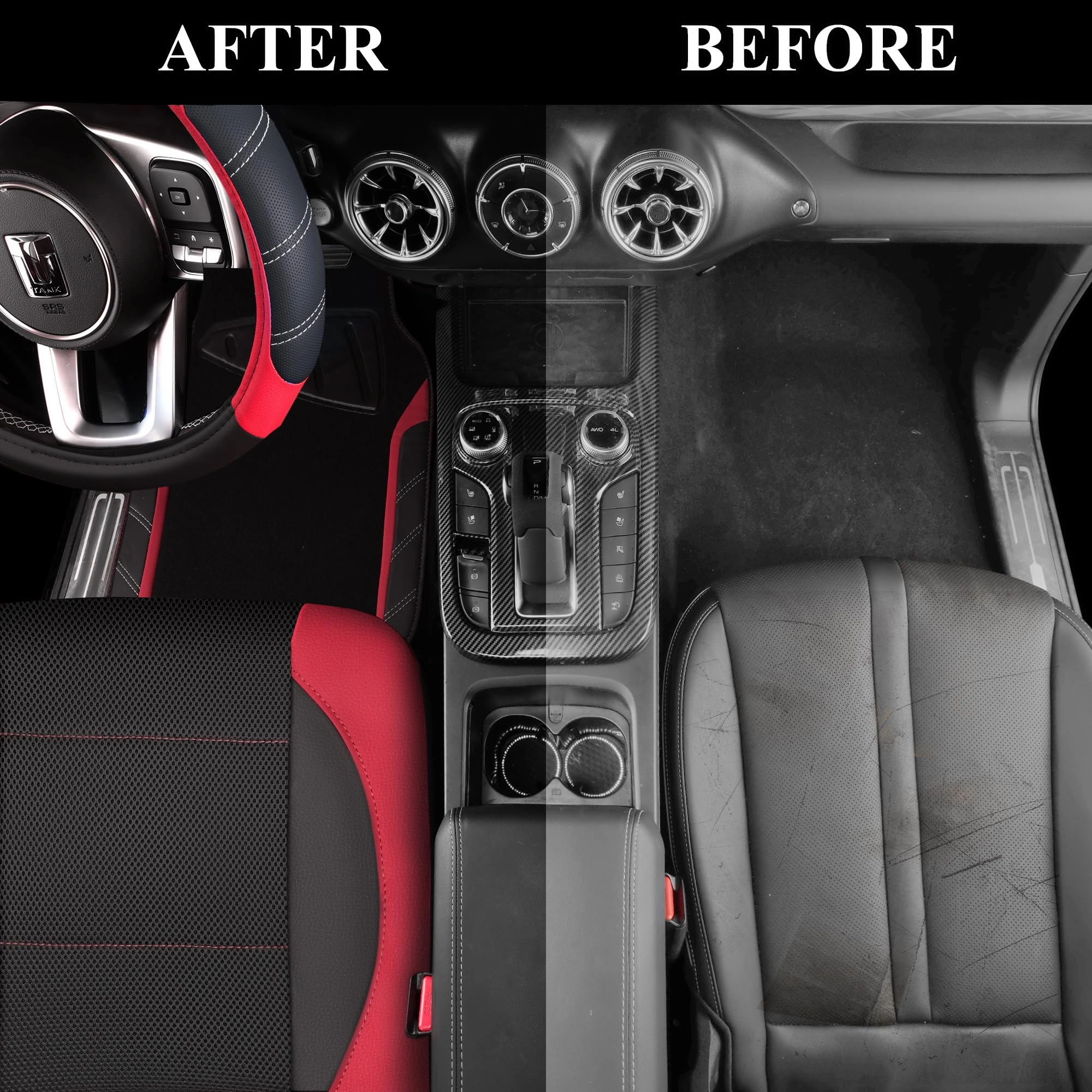 Car Seat Covers - Air Mesh Leather + Car Floor Mats - Waterproof + Steering Wheel Cover - Sporty