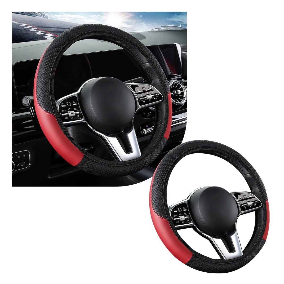 povtii Car Steering Wheel Cover - 15 Inches Leather Wine Red