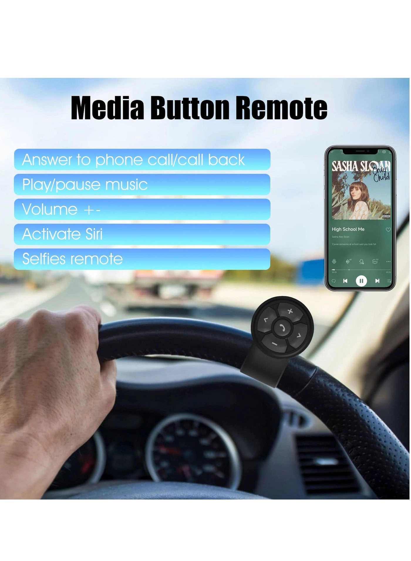 Media Button Steering Wheel Remote Control - Bluetooth Wireless iPhone Samsung Galaxy Android