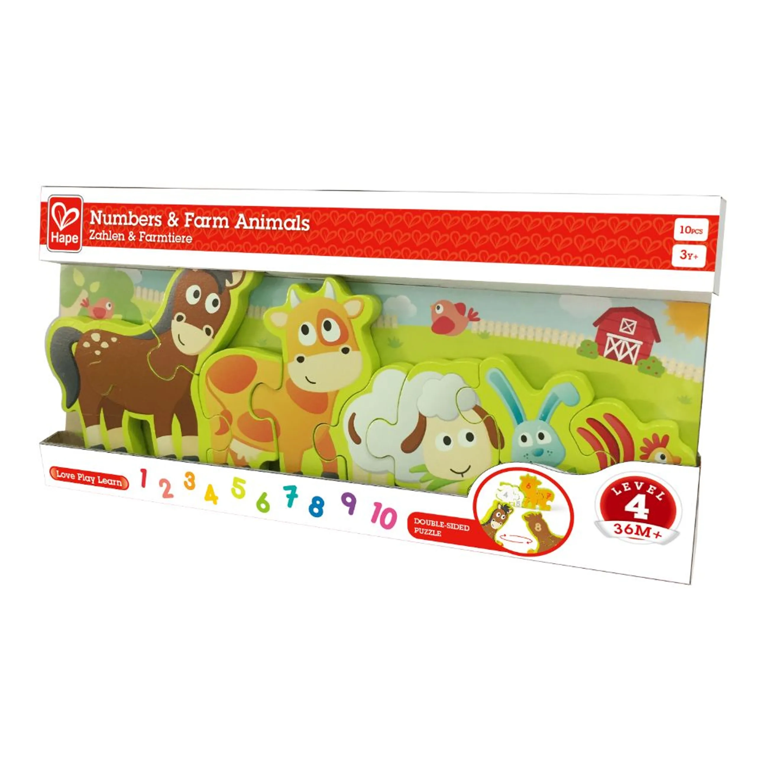 Double Sided Numbers And Farm Animal Wooden Jigsaw Puzzle - 3 + 10 pieces