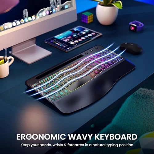 VEILZOR Wireless Keyboard with Wrist Rest, 2.4G Wireless Ergonomic Keyboard, 7-Color & 3 RGB Backlit Modes, Phone/Tablet Holder, Rechargeable Computer Keyboard for Windows, Mac, Computer, PC