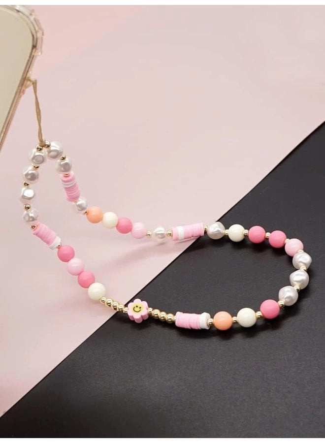 Beaded Phone Lanyard - Kawaii Smiley Rainbow Pearl